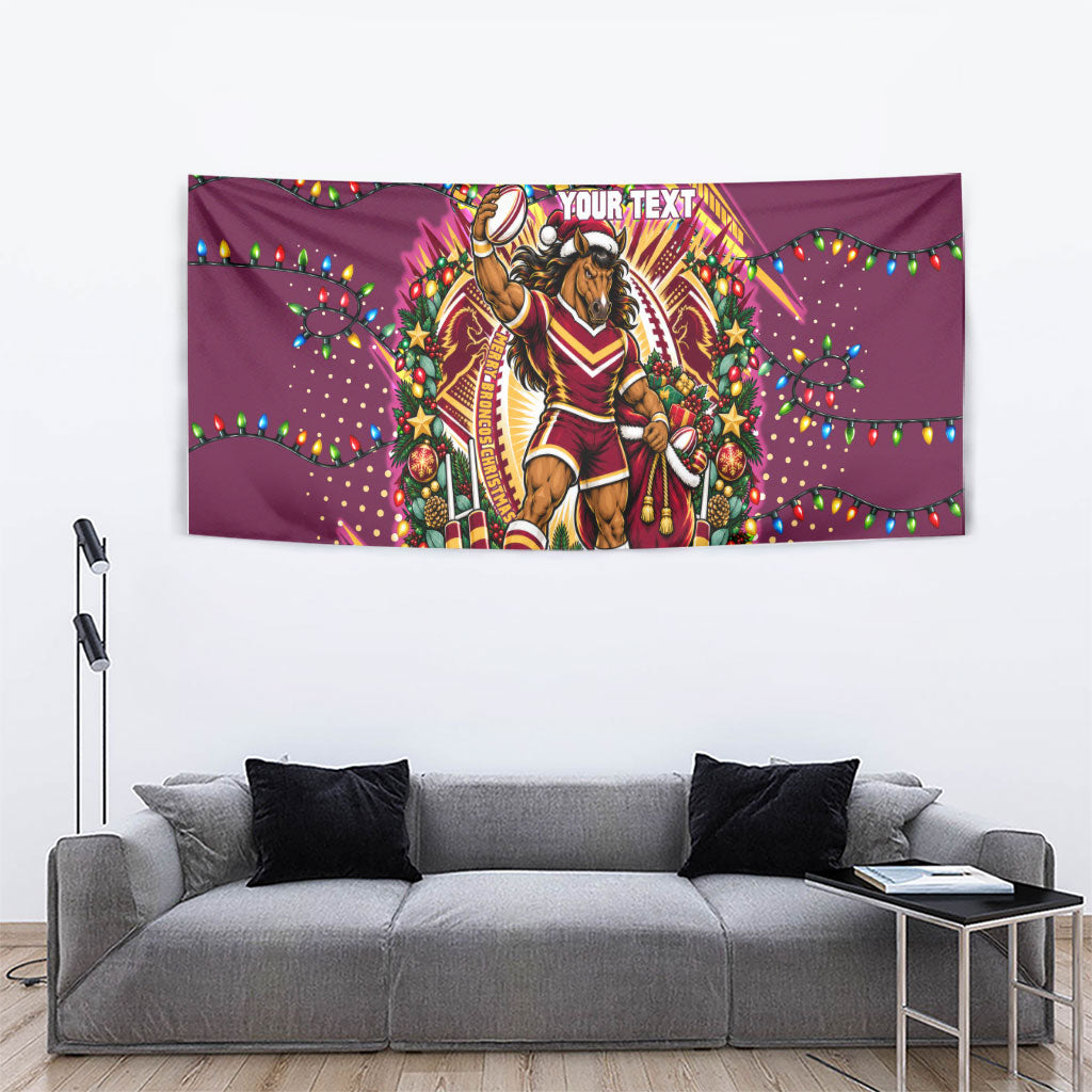 Personalized Brisbane Broncos Rugby Christmas Tapestry Holiday Mascot Graphic Art Festive Lights Bow