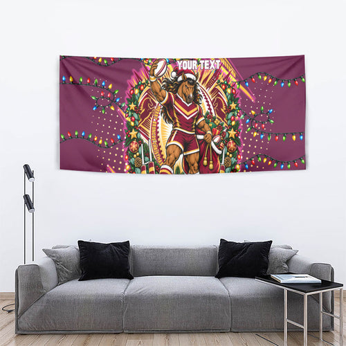 Personalized Brisbane Broncos Rugby Christmas Tapestry Holiday Mascot Graphic Art Festive Lights Bow