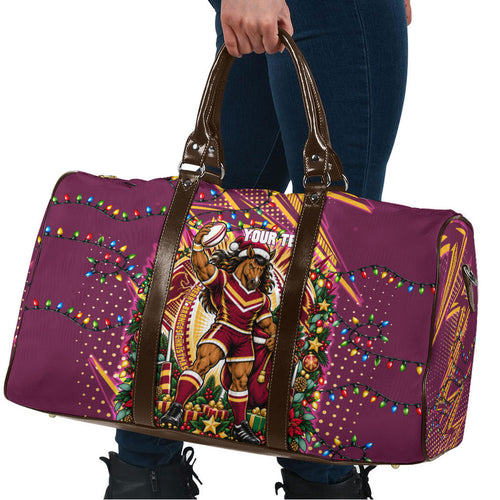 Personalized Brisbane Broncos Rugby Christmas Travel Bag Holiday Mascot Graphic Art Festive Lights Bow