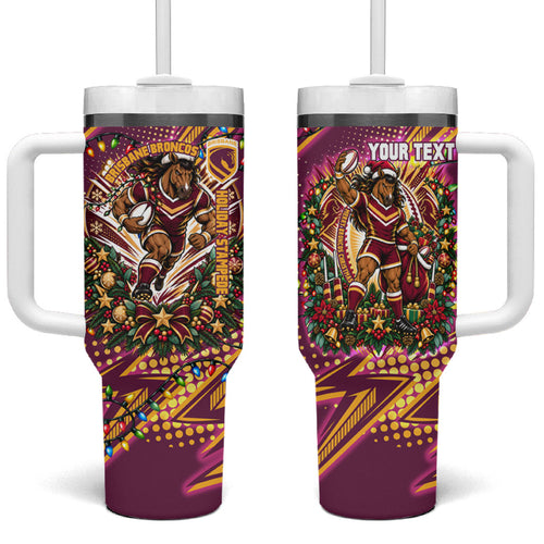 Personalized Brisbane Broncos Rugby Christmas Tumbler With Handle Holiday Mascot Graphic Art Festive Lights Bow