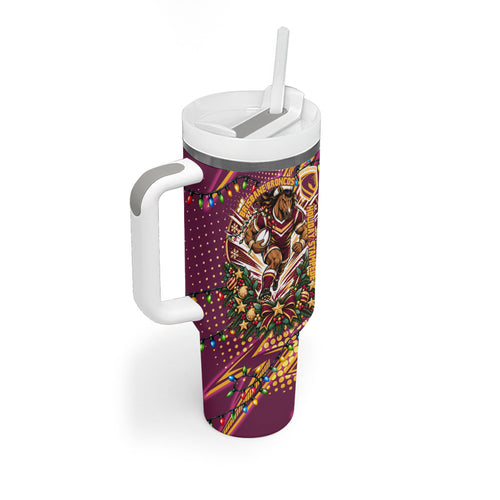 Personalized Brisbane Broncos Rugby Christmas Tumbler With Handle Holiday Mascot Graphic Art Festive Lights Bow