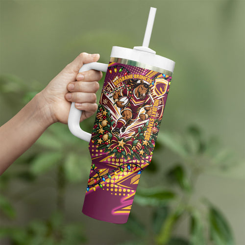 Personalized Brisbane Broncos Rugby Christmas Tumbler With Handle Holiday Mascot Graphic Art Festive Lights Bow