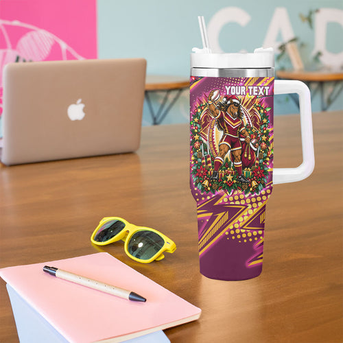 Personalized Brisbane Broncos Rugby Christmas Tumbler With Handle Holiday Mascot Graphic Art Festive Lights Bow