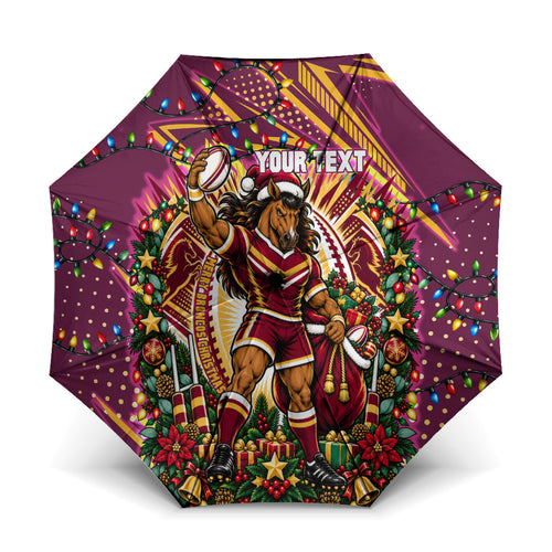 Personalized Brisbane Broncos Rugby Christmas Umbrella Holiday Mascot Graphic Art Festive Lights Bow