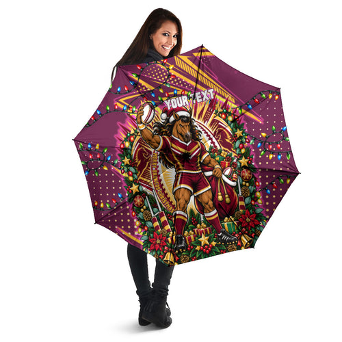Personalized Brisbane Broncos Rugby Christmas Umbrella Holiday Mascot Graphic Art Festive Lights Bow