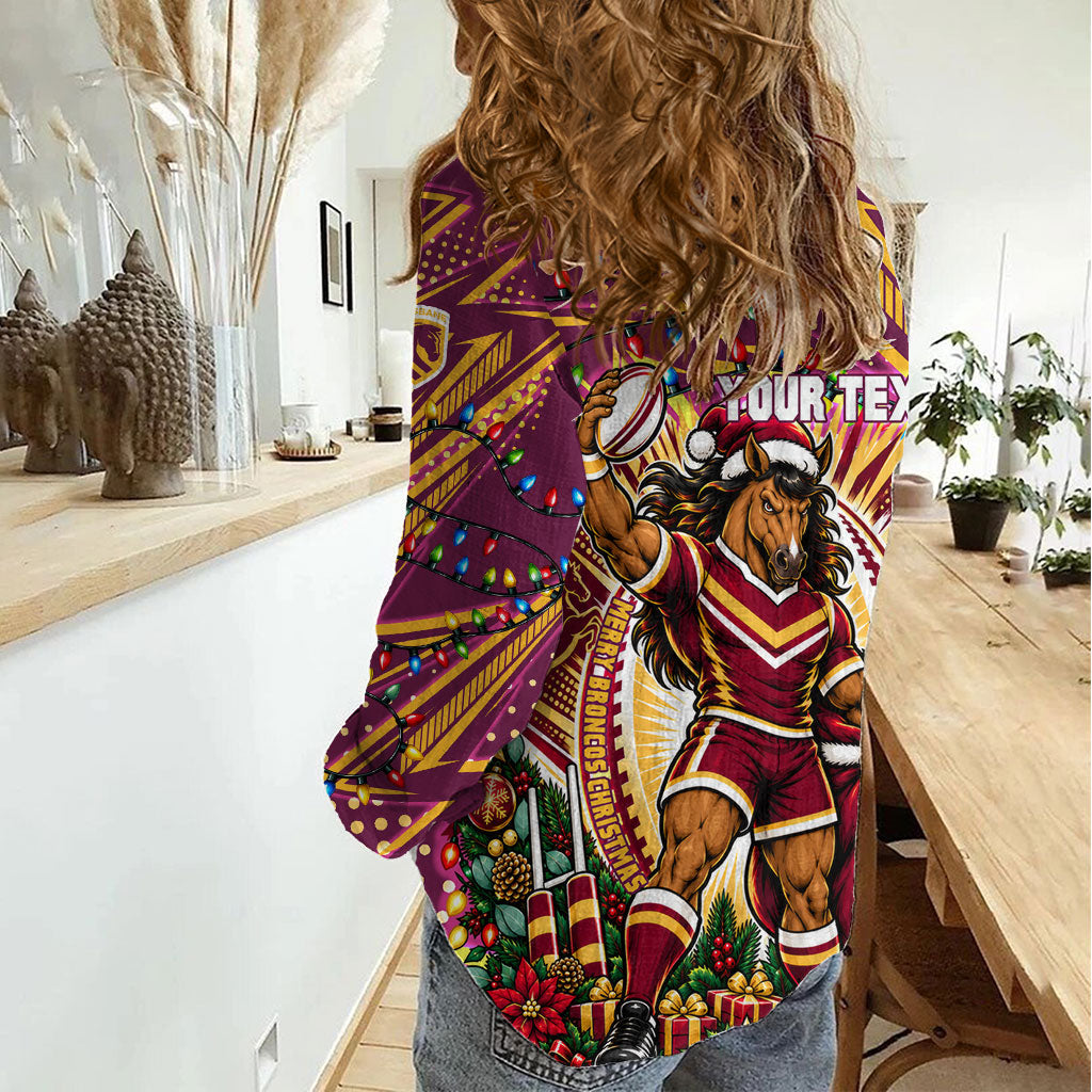 Personalized Brisbane Broncos Rugby Christmas Women Casual Shirt Holiday Mascot Graphic Art Festive Lights Bow