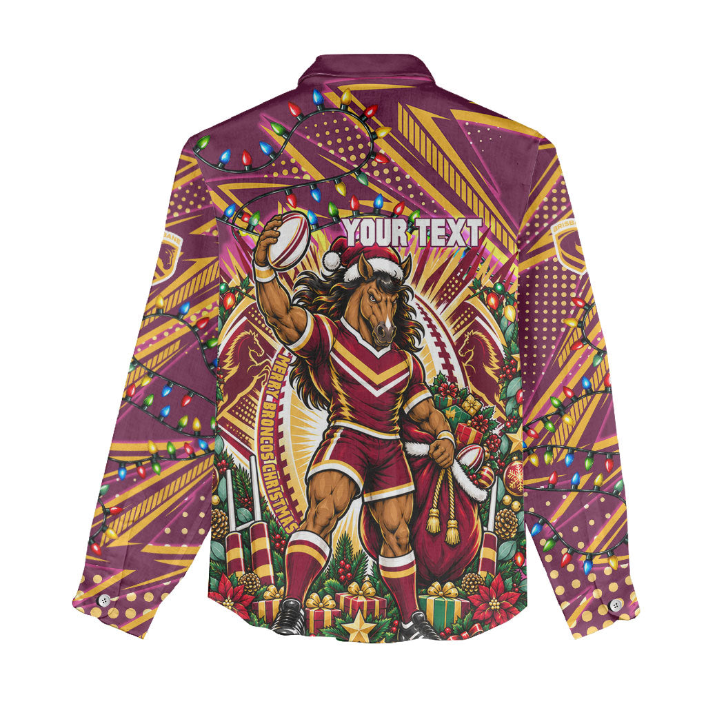 Personalized Brisbane Broncos Rugby Christmas Women Casual Shirt Holiday Mascot Graphic Art Festive Lights Bow