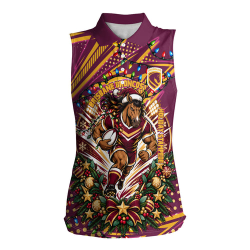 Personalized Brisbane Broncos Rugby Christmas Women Sleeveless Polo Shirt Holiday Mascot Graphic Art Festive Lights Bow
