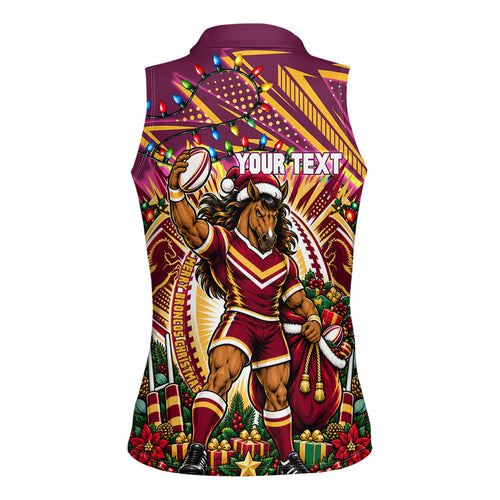 Personalized Brisbane Broncos Rugby Christmas Women Sleeveless Polo Shirt Holiday Mascot Graphic Art Festive Lights Bow