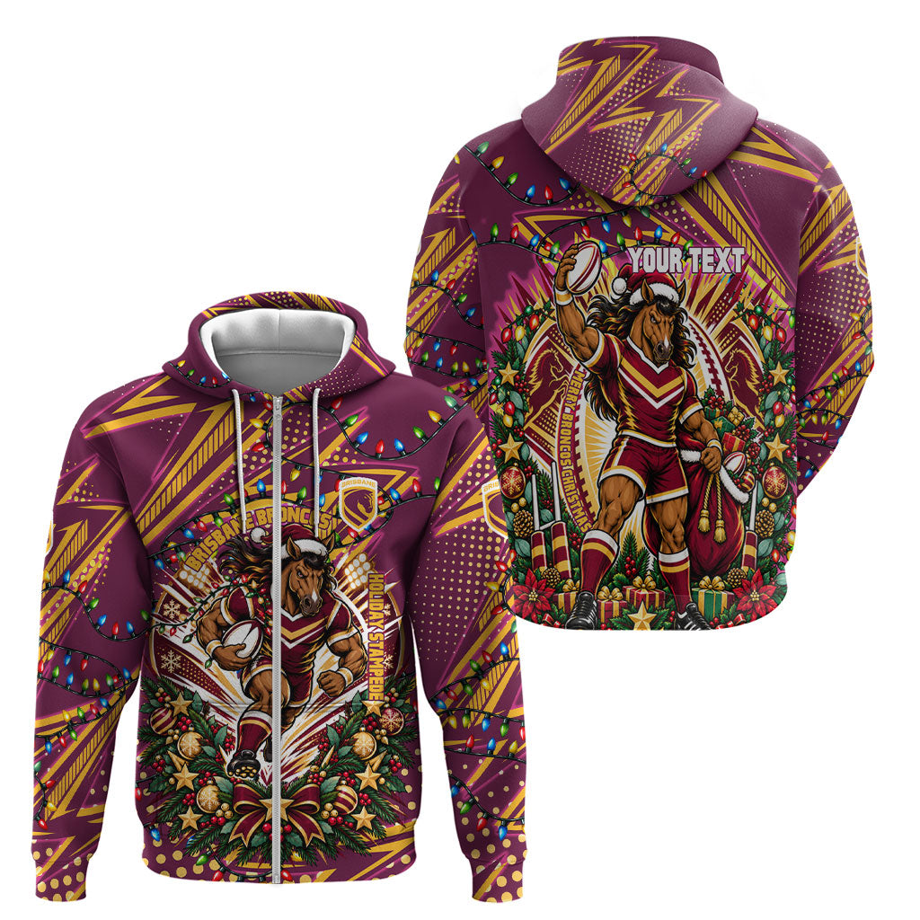Personalized Brisbane Broncos Rugby Christmas Zip Hoodie Holiday Mascot Graphic Art Festive Lights Bow