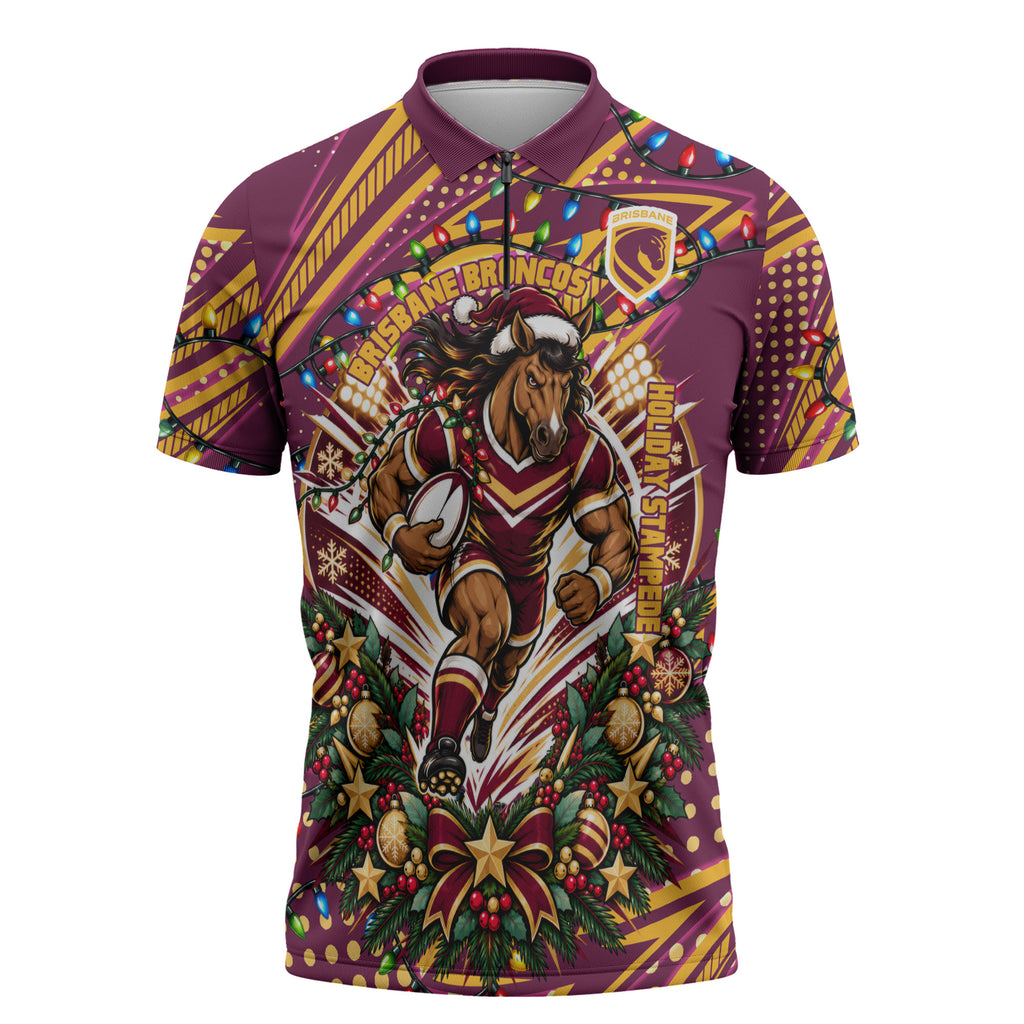 Personalized Brisbane Broncos Rugby Christmas Zipper Polo Shirt Holiday Mascot Graphic Art Festive Lights Bow