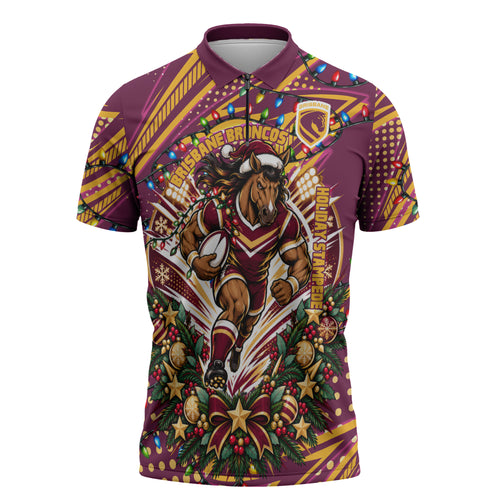 Personalized Brisbane Broncos Rugby Christmas Zipper Polo Shirt Holiday Mascot Graphic Art Festive Lights Bow