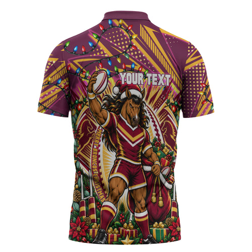 Personalized Brisbane Broncos Rugby Christmas Zipper Polo Shirt Holiday Mascot Graphic Art Festive Lights Bow
