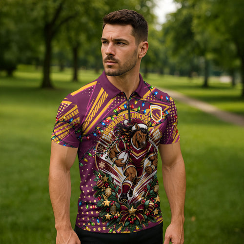Personalized Brisbane Broncos Rugby Christmas Zipper Polo Shirt Holiday Mascot Graphic Art Festive Lights Bow