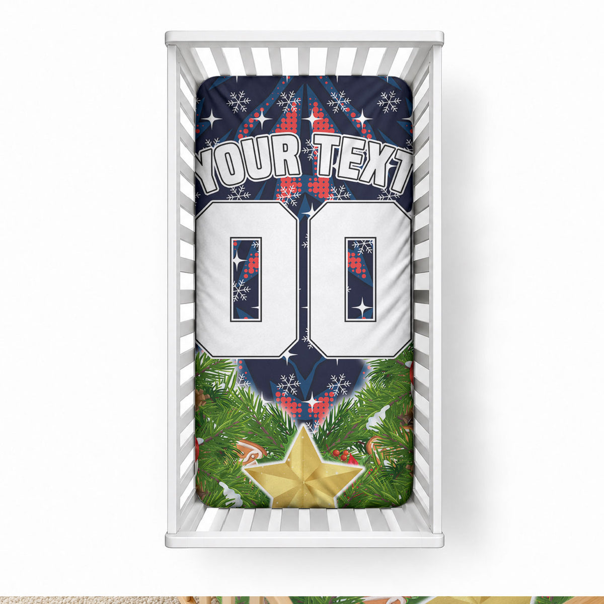 Personalised Sydney Roosters Rugby Christmas Baby Bed Cover Santa Rugby Mascot - Pine Wreath Festive