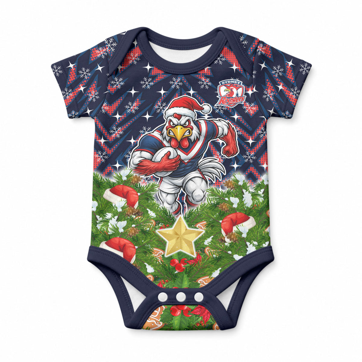Personalised Sydney Roosters Rugby Christmas Baby Onesie Santa Rugby Mascot - Pine Wreath Festive