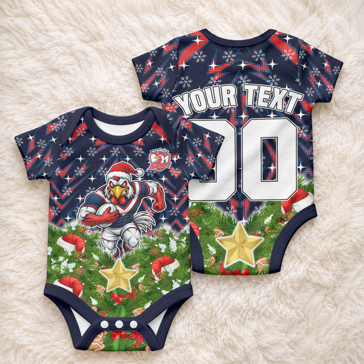 Personalised Sydney Roosters Rugby Christmas Baby Onesie Santa Rugby Mascot - Pine Wreath Festive