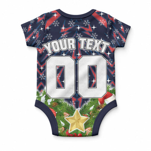 Personalised Sydney Roosters Rugby Christmas Baby Onesie Santa Rugby Mascot - Pine Wreath Festive