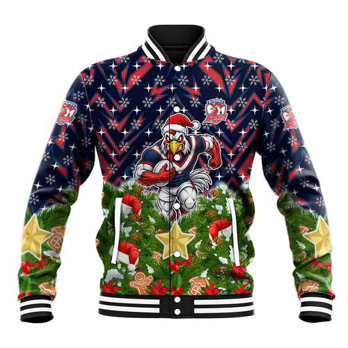 Personalised Sydney Roosters Rugby Christmas Baseball Jacket Santa Rugby Mascot - Pine Wreath Festive