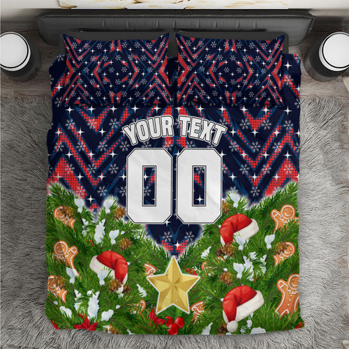 Personalised Sydney Roosters Rugby Christmas Bedding Set Santa Rugby Mascot - Pine Wreath Festive