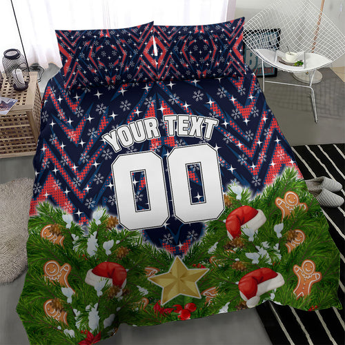 Personalised Sydney Roosters Rugby Christmas Bedding Set Santa Rugby Mascot - Pine Wreath Festive