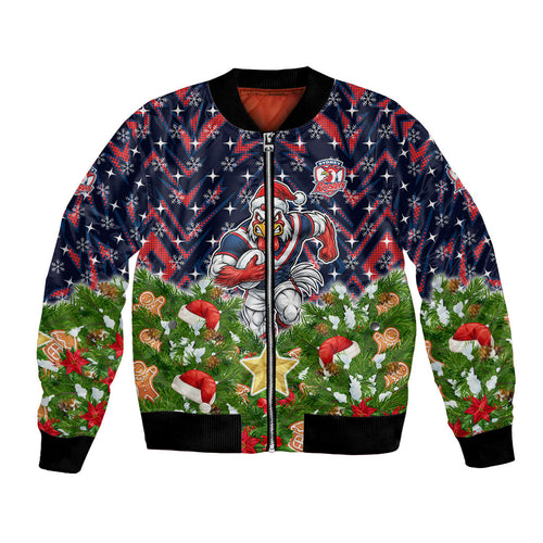 Personalised Sydney Roosters Rugby Christmas Bomber Jacket Santa Rugby Mascot - Pine Wreath Festive