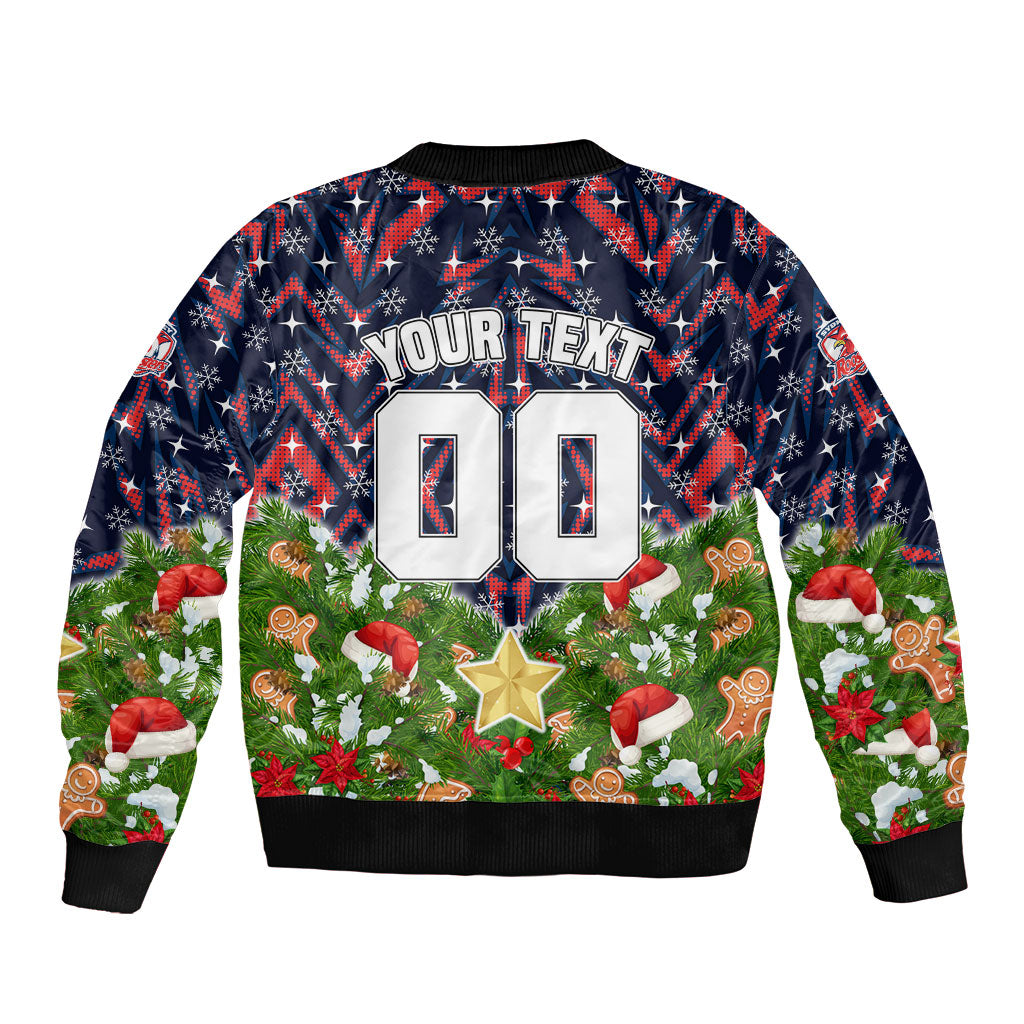 Personalised Sydney Roosters Rugby Christmas Bomber Jacket Santa Rugby Mascot - Pine Wreath Festive