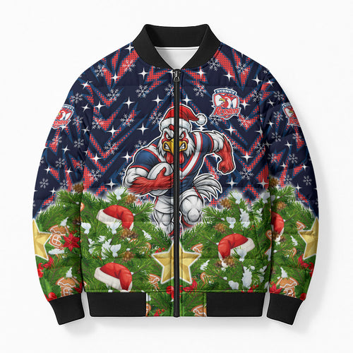 Personalised Sydney Roosters Rugby Christmas Bomber Puffer Jacket Santa Rugby Mascot - Pine Wreath Festive