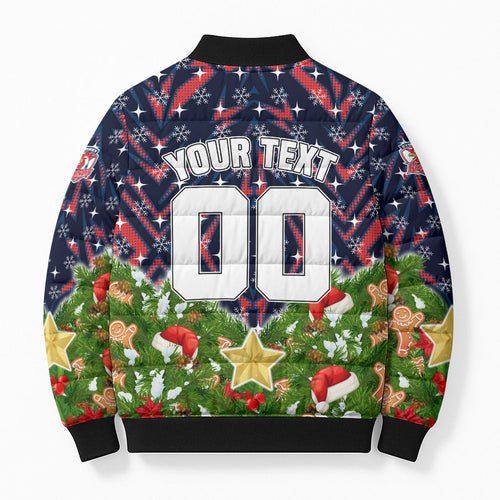 Personalised Sydney Roosters Rugby Christmas Bomber Puffer Jacket Santa Rugby Mascot - Pine Wreath Festive