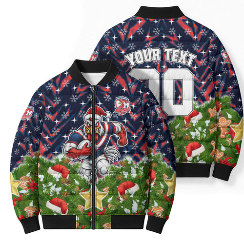 Personalised Sydney Roosters Rugby Christmas Bomber Puffer Jacket Santa Rugby Mascot - Pine Wreath Festive