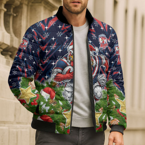 Personalised Sydney Roosters Rugby Christmas Bomber Puffer Jacket Santa Rugby Mascot - Pine Wreath Festive