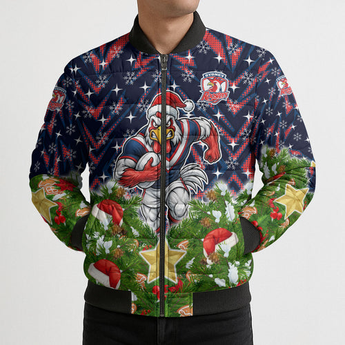 Personalised Sydney Roosters Rugby Christmas Bomber Puffer Jacket Santa Rugby Mascot - Pine Wreath Festive