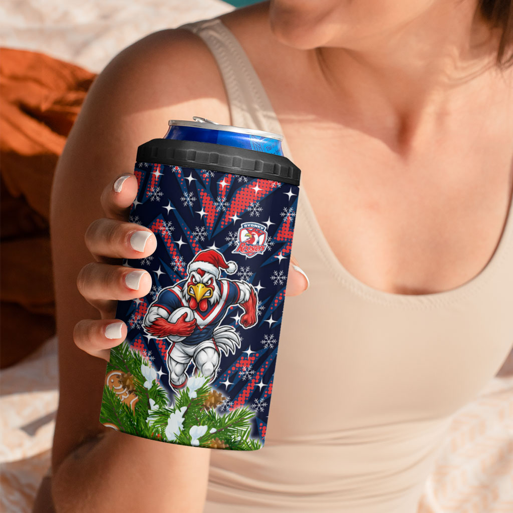 Personalised Sydney Roosters Rugby Christmas 4 in 1 Can Cooler Tumbler Santa Rugby Mascot - Pine Wreath Festive