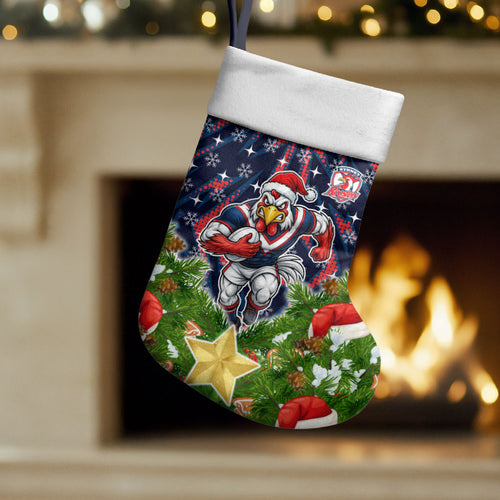 Sydney Roosters Rugby Christmas Stocking Santa Rugby Mascot - Pine Wreath Festive