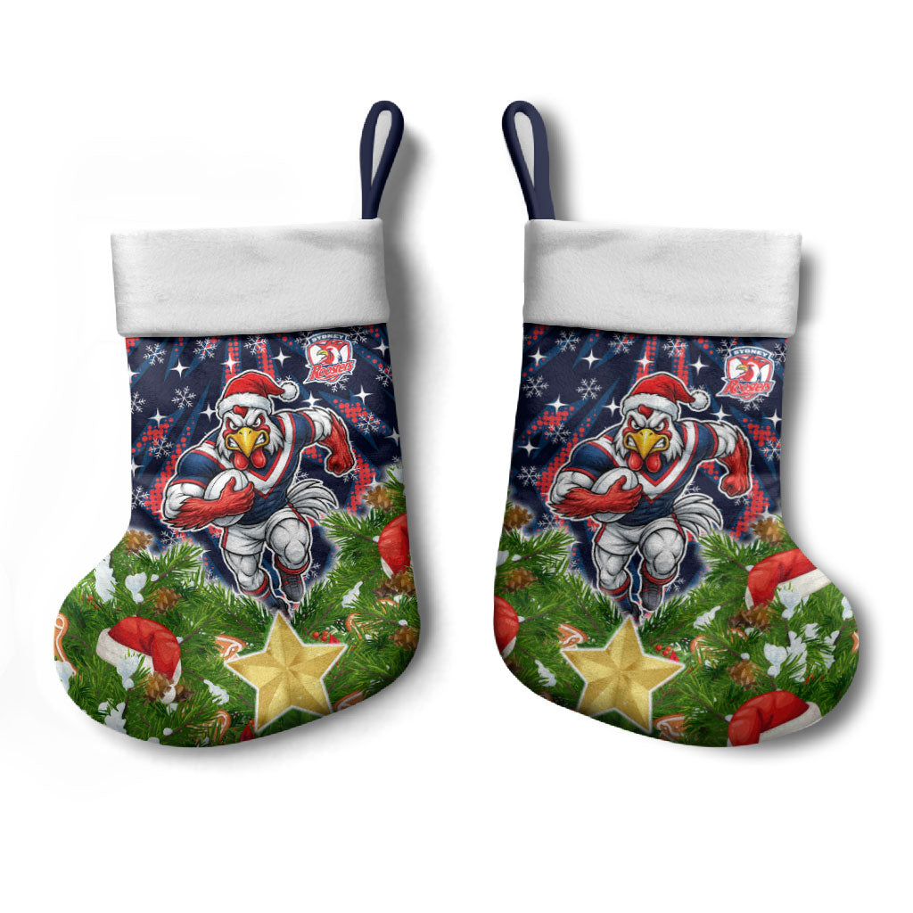Sydney Roosters Rugby Christmas Stocking Santa Rugby Mascot - Pine Wreath Festive