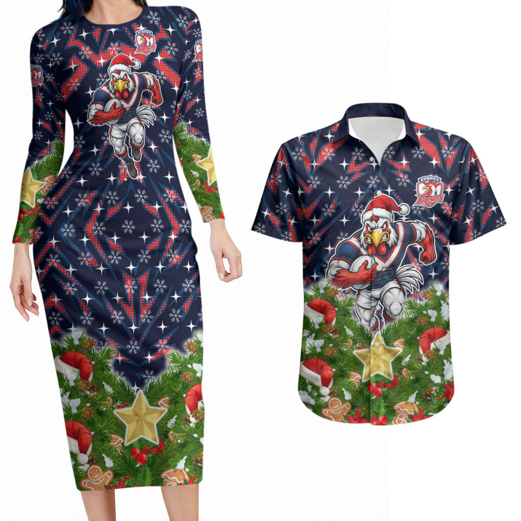 Personalised Sydney Roosters Rugby Christmas Couples Matching Long Sleeve Bodycon Dress and Hawaiian Shirt Santa Rugby Mascot - Pine Wreath Festive