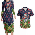 Personalised Sydney Roosters Rugby Christmas Couples Matching Long Sleeve Bodycon Dress and Hawaiian Shirt Santa Rugby Mascot - Pine Wreath Festive