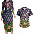 Personalised Sydney Roosters Rugby Christmas Couples Matching Long Sleeve Bodycon Dress and Hawaiian Shirt Santa Rugby Mascot - Pine Wreath Festive