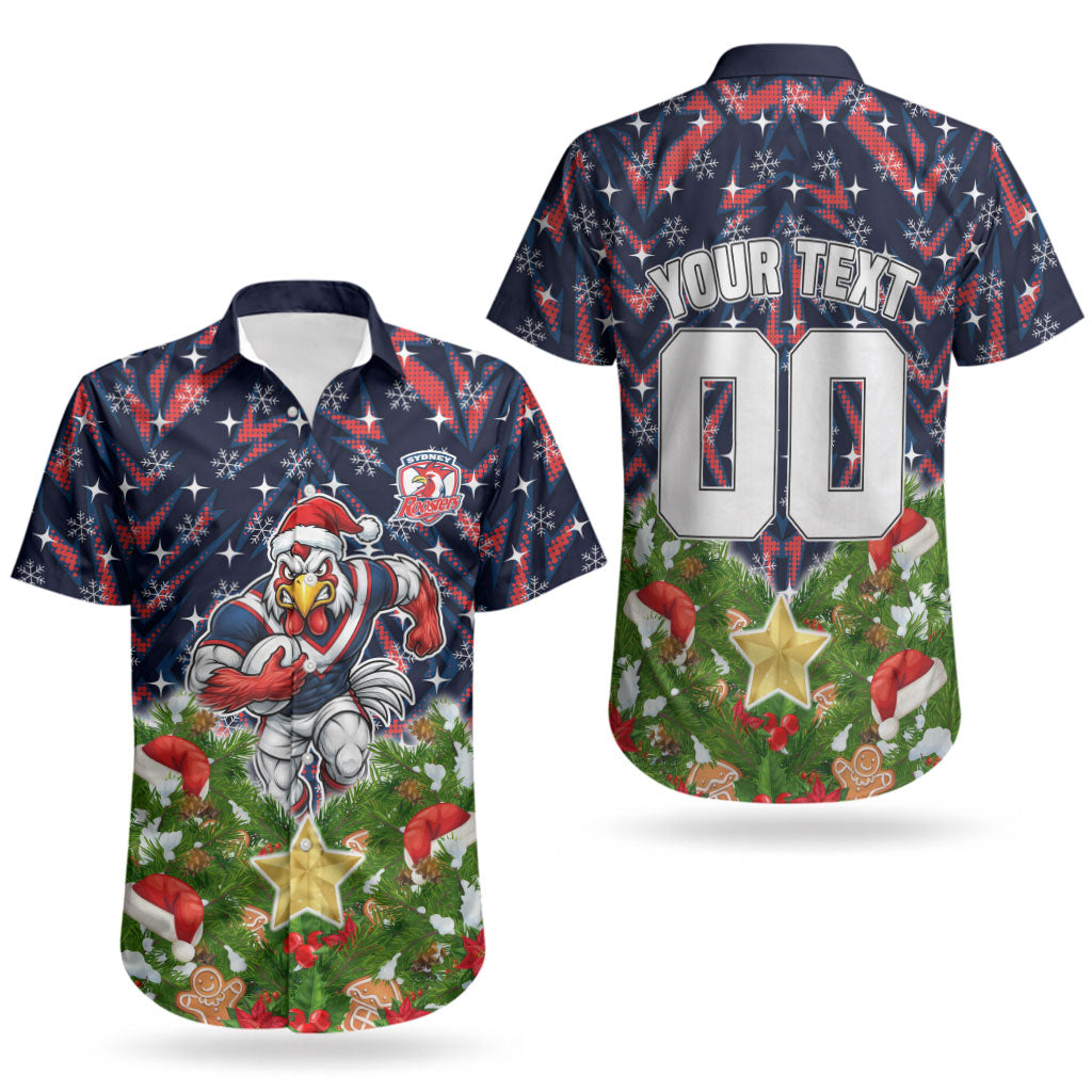 Personalised Sydney Roosters Rugby Christmas Couples Matching Long Sleeve Bodycon Dress and Hawaiian Shirt Santa Rugby Mascot - Pine Wreath Festive