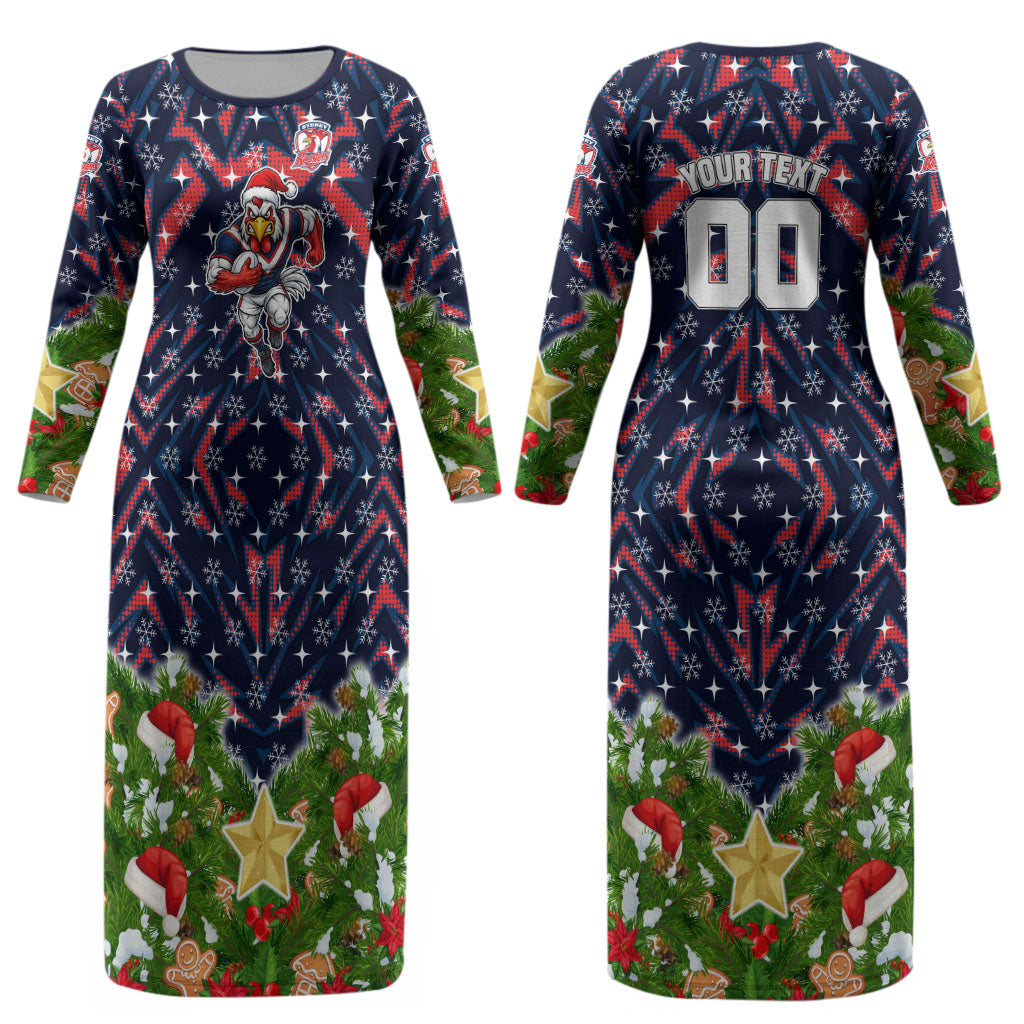 Personalised Sydney Roosters Rugby Christmas Couples Matching Long Sleeve Bodycon Dress and Hawaiian Shirt Santa Rugby Mascot - Pine Wreath Festive
