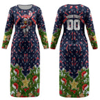 Personalised Sydney Roosters Rugby Christmas Couples Matching Long Sleeve Bodycon Dress and Hawaiian Shirt Santa Rugby Mascot - Pine Wreath Festive