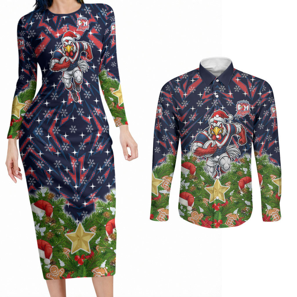 Personalised Sydney Roosters Rugby Christmas Couples Matching Long Sleeve Bodycon Dress and Long Sleeve Button Shirt Santa Rugby Mascot - Pine Wreath Festive