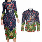 Personalised Sydney Roosters Rugby Christmas Couples Matching Long Sleeve Bodycon Dress and Long Sleeve Button Shirt Santa Rugby Mascot - Pine Wreath Festive