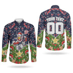Personalised Sydney Roosters Rugby Christmas Couples Matching Long Sleeve Bodycon Dress and Long Sleeve Button Shirt Santa Rugby Mascot - Pine Wreath Festive