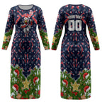Personalised Sydney Roosters Rugby Christmas Couples Matching Long Sleeve Bodycon Dress and Long Sleeve Button Shirt Santa Rugby Mascot - Pine Wreath Festive