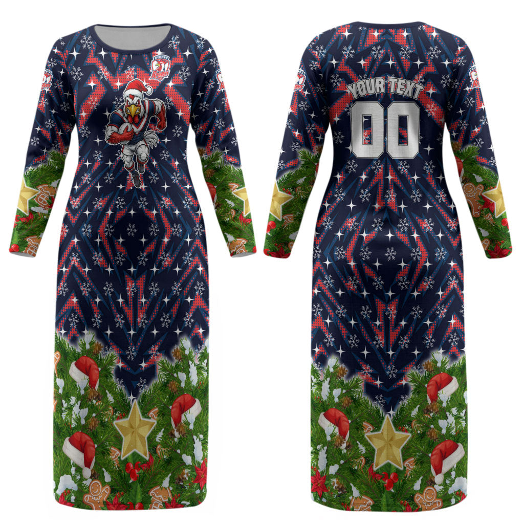 Personalised Sydney Roosters Rugby Christmas Couples Matching Long Sleeve Bodycon Dress and Long Sleeve Button Shirt Santa Rugby Mascot - Pine Wreath Festive