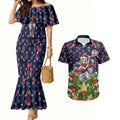 Personalised Sydney Roosters Rugby Christmas Couples Matching Mermaid Dress and Hawaiian Shirt Santa Rugby Mascot - Pine Wreath Festive