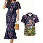 Personalised Sydney Roosters Rugby Christmas Couples Matching Mermaid Dress and Hawaiian Shirt Santa Rugby Mascot - Pine Wreath Festive