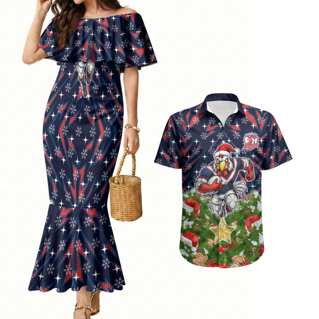Personalised Sydney Roosters Rugby Christmas Couples Matching Mermaid Dress and Hawaiian Shirt Santa Rugby Mascot - Pine Wreath Festive
