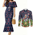 Personalised Sydney Roosters Rugby Christmas Couples Matching Mermaid Dress and Long Sleeve Button Shirt Santa Rugby Mascot - Pine Wreath Festive
